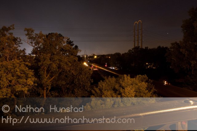 A train passes through Nicollet Island on 4 July 2010